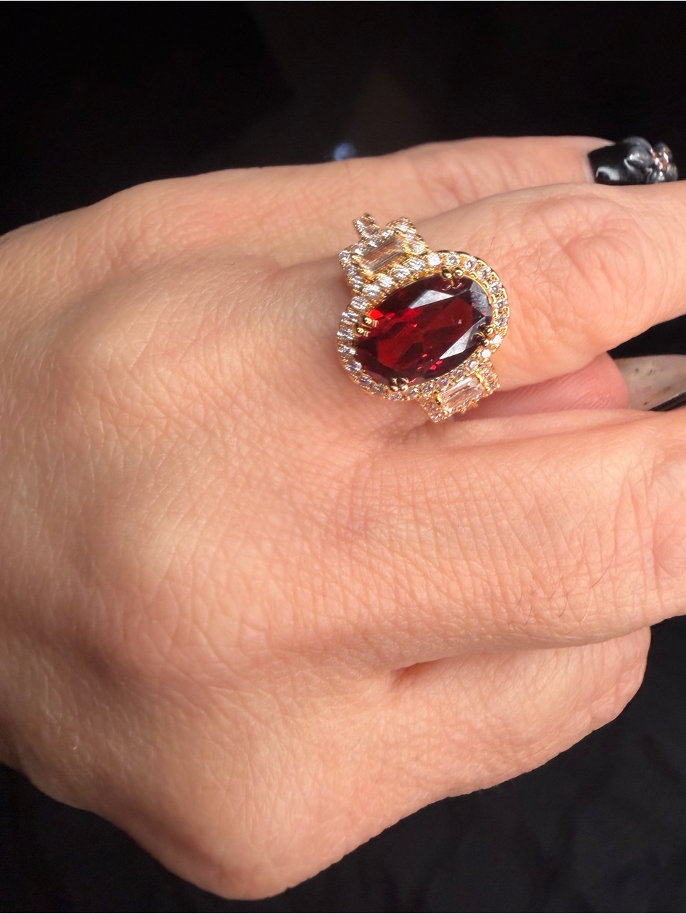 Size 7 AAA CZ Ruby Red Halo Ring 18K Gold Filled Over Brass